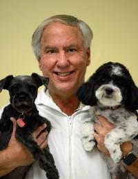 male veterinarian holding black schnauzer and black and white dog